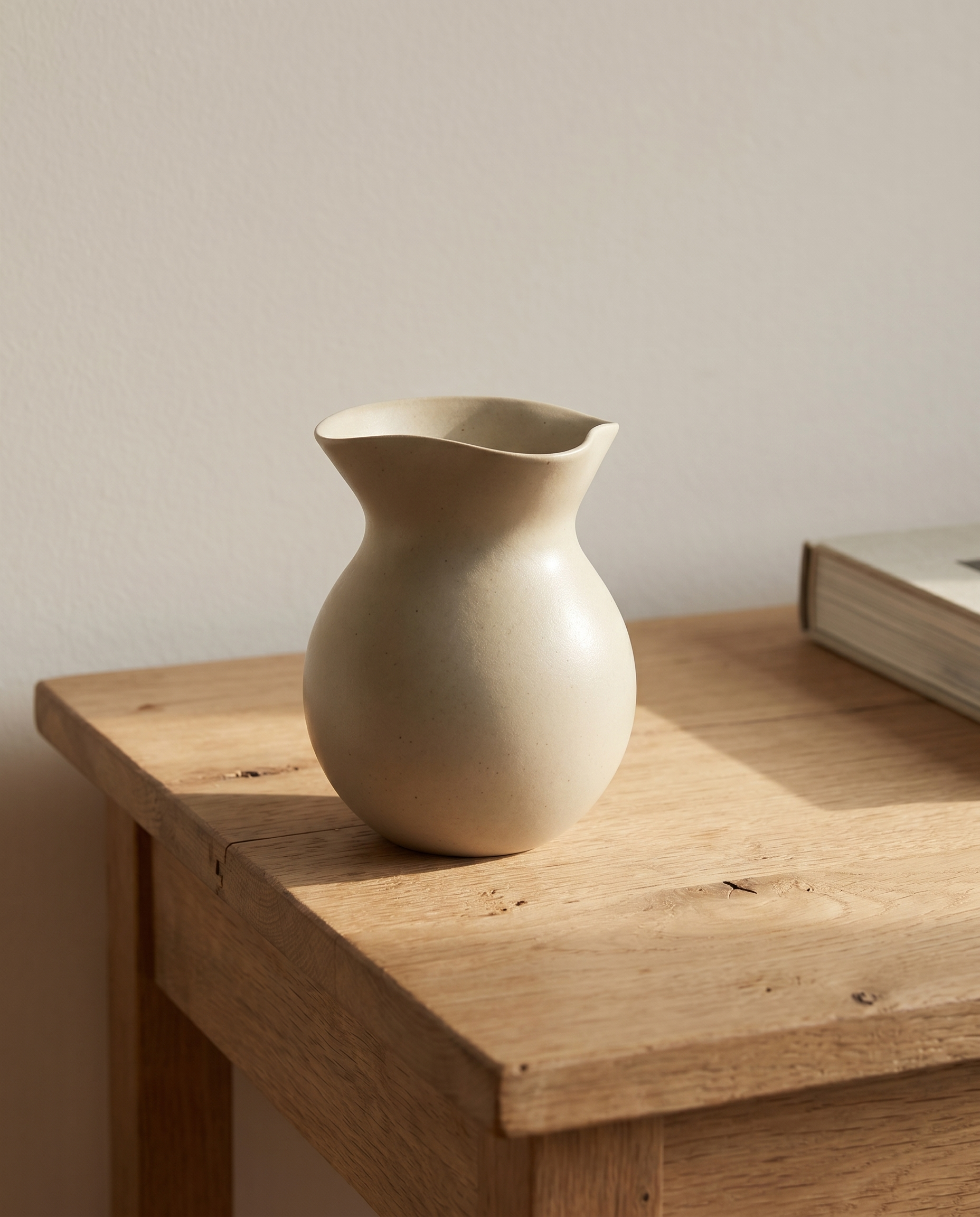OROS U vase by NR Ceramics, on a low oak writing desk in a study, late afternoon