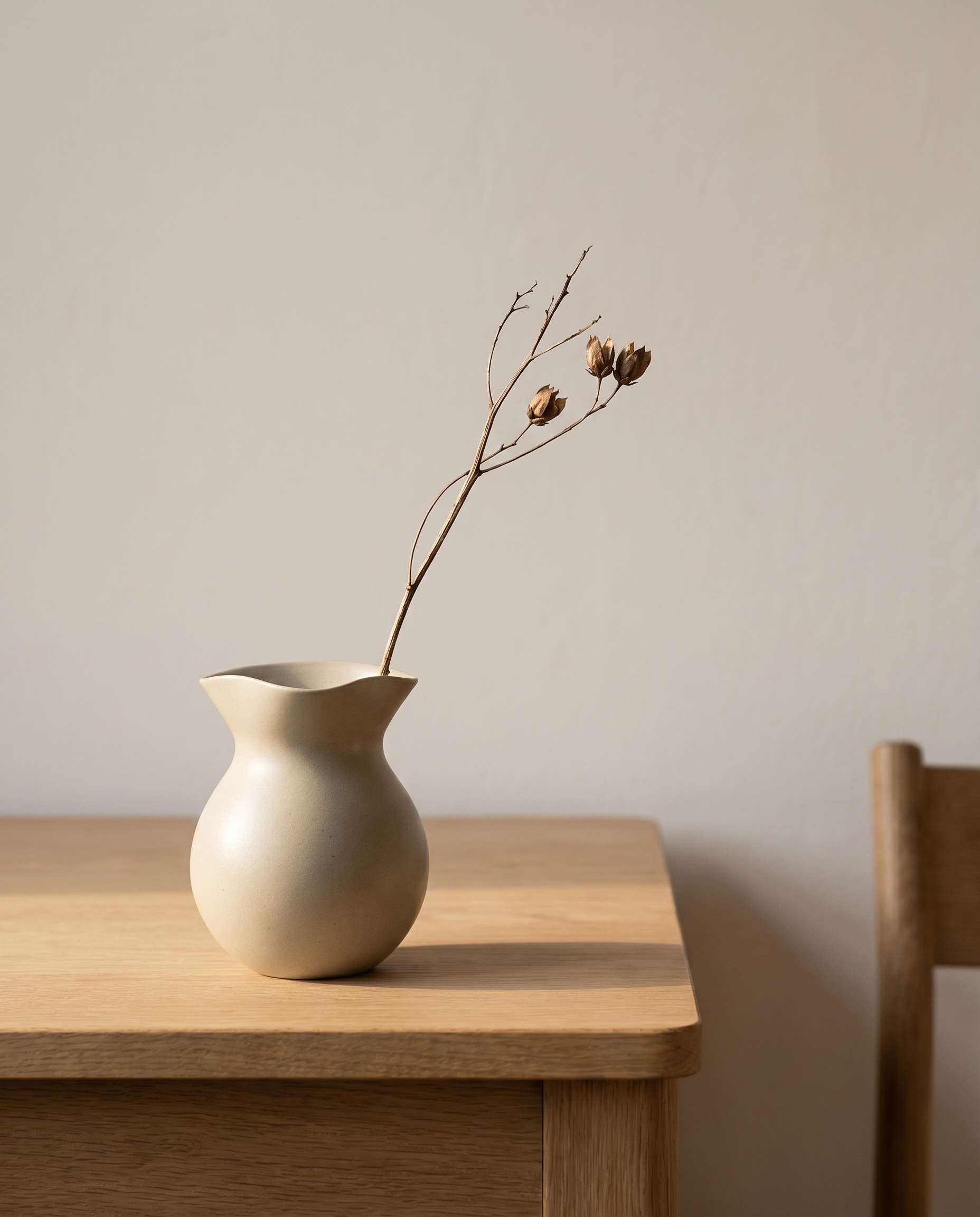 OROS U vase by NR Ceramics holding a single dried branch on the writing desk