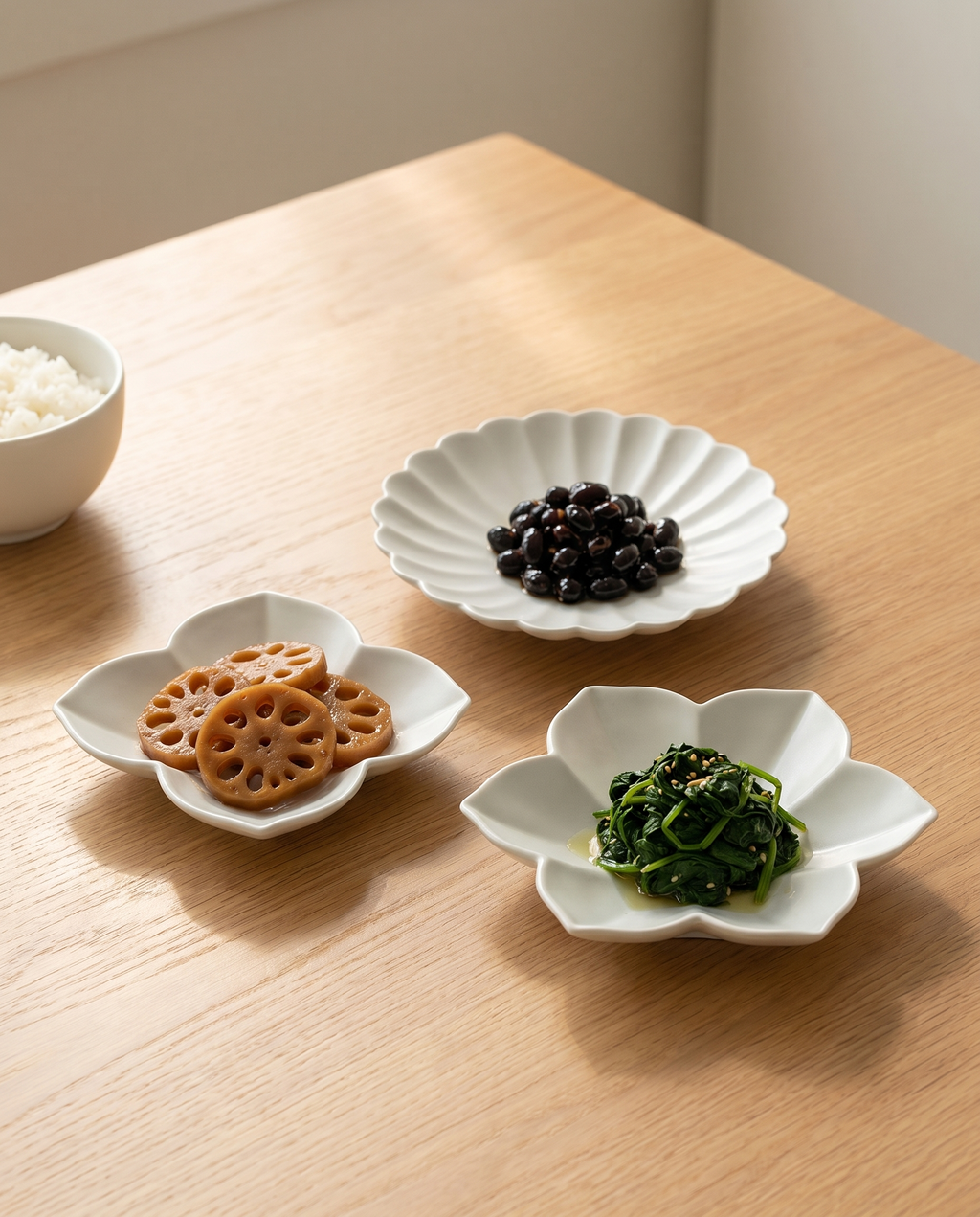 Flower plate set by Mujagi, the plates in use at the breakfast table