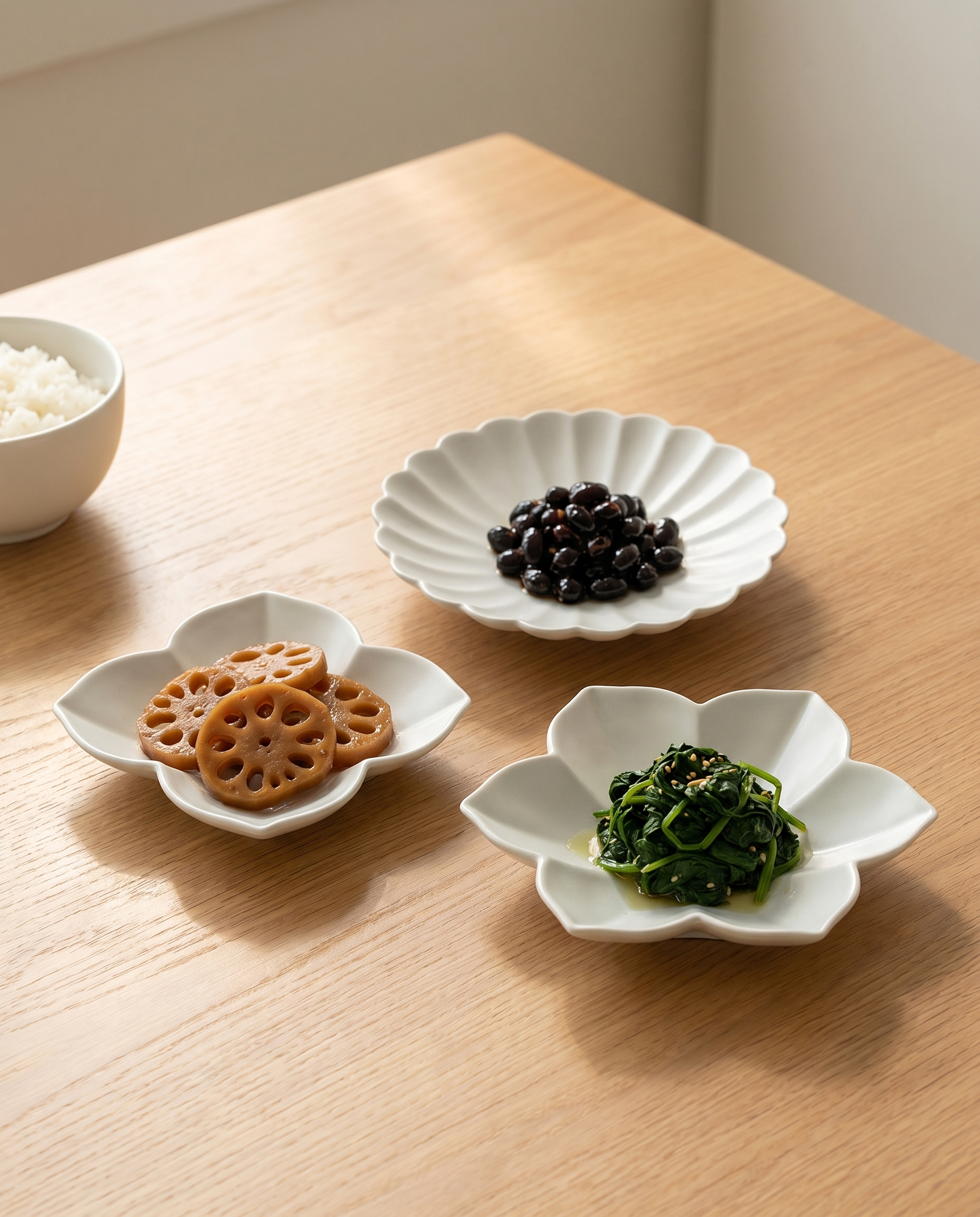 Flower plate set by Mujagi, the plates in use at the breakfast table