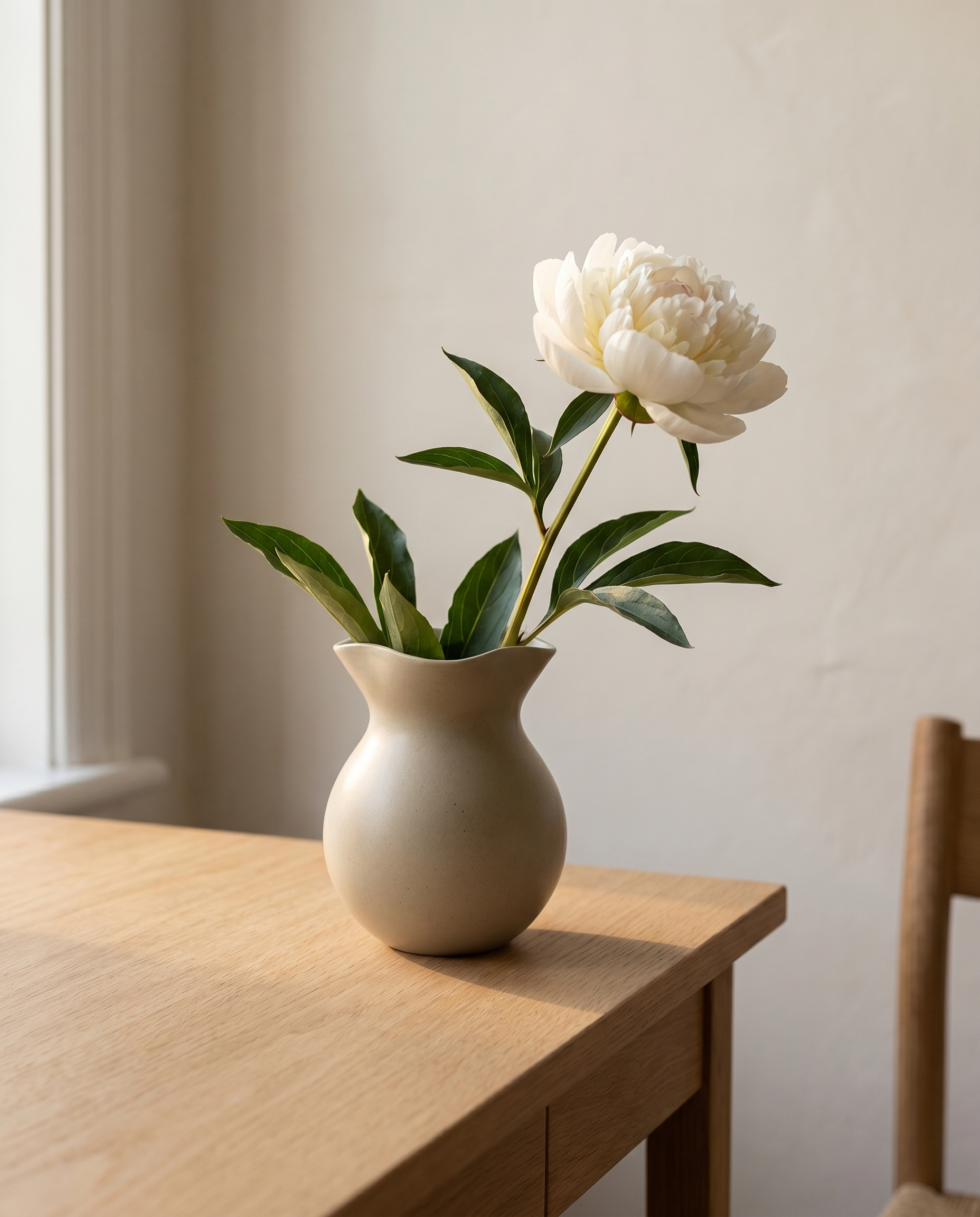 OROS U vase by NR Ceramics holding a single fresh white peony with its leaves