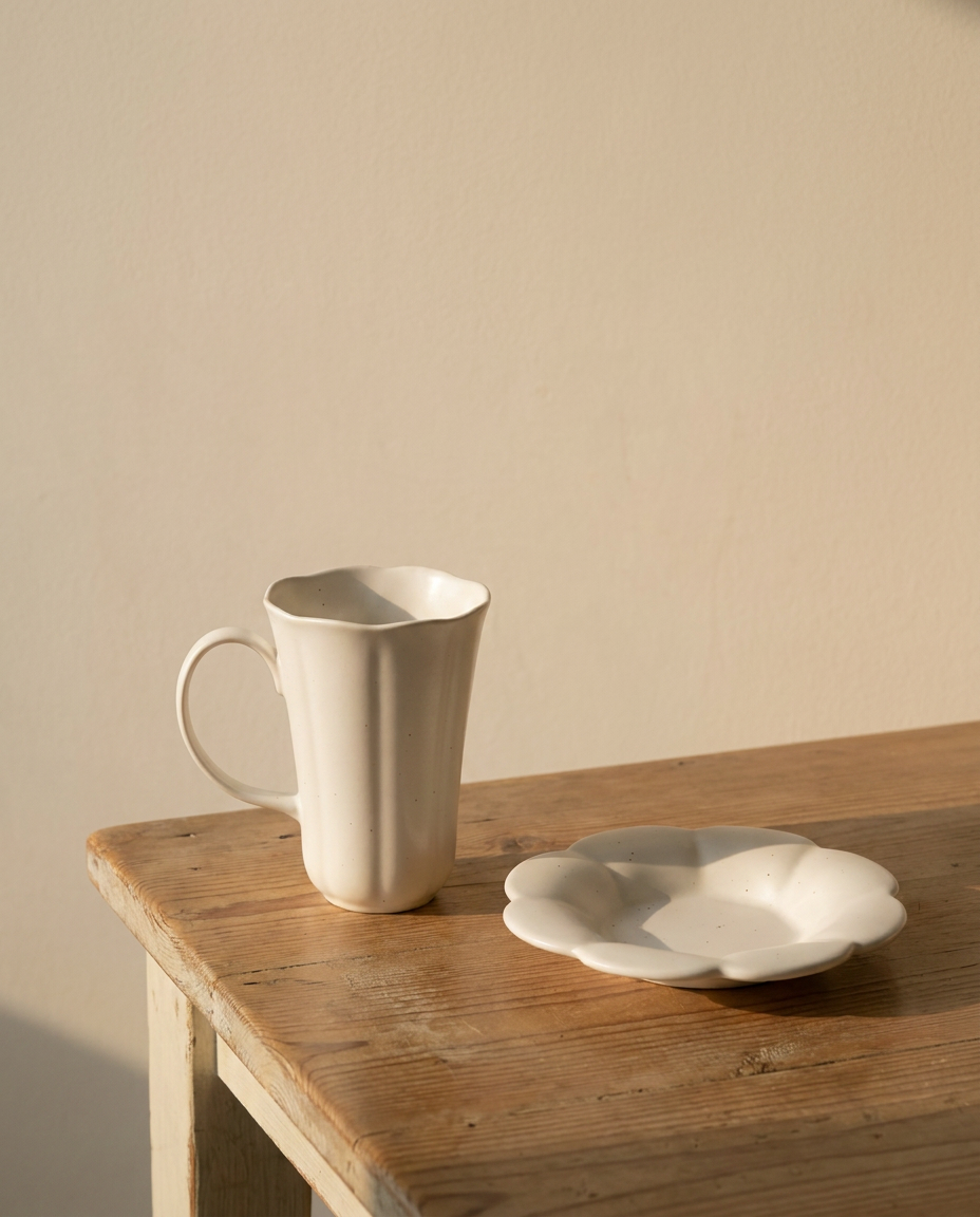 Blooming mug and plate set by Insoil — scale reference, alternate view of the plate beside one upright mug