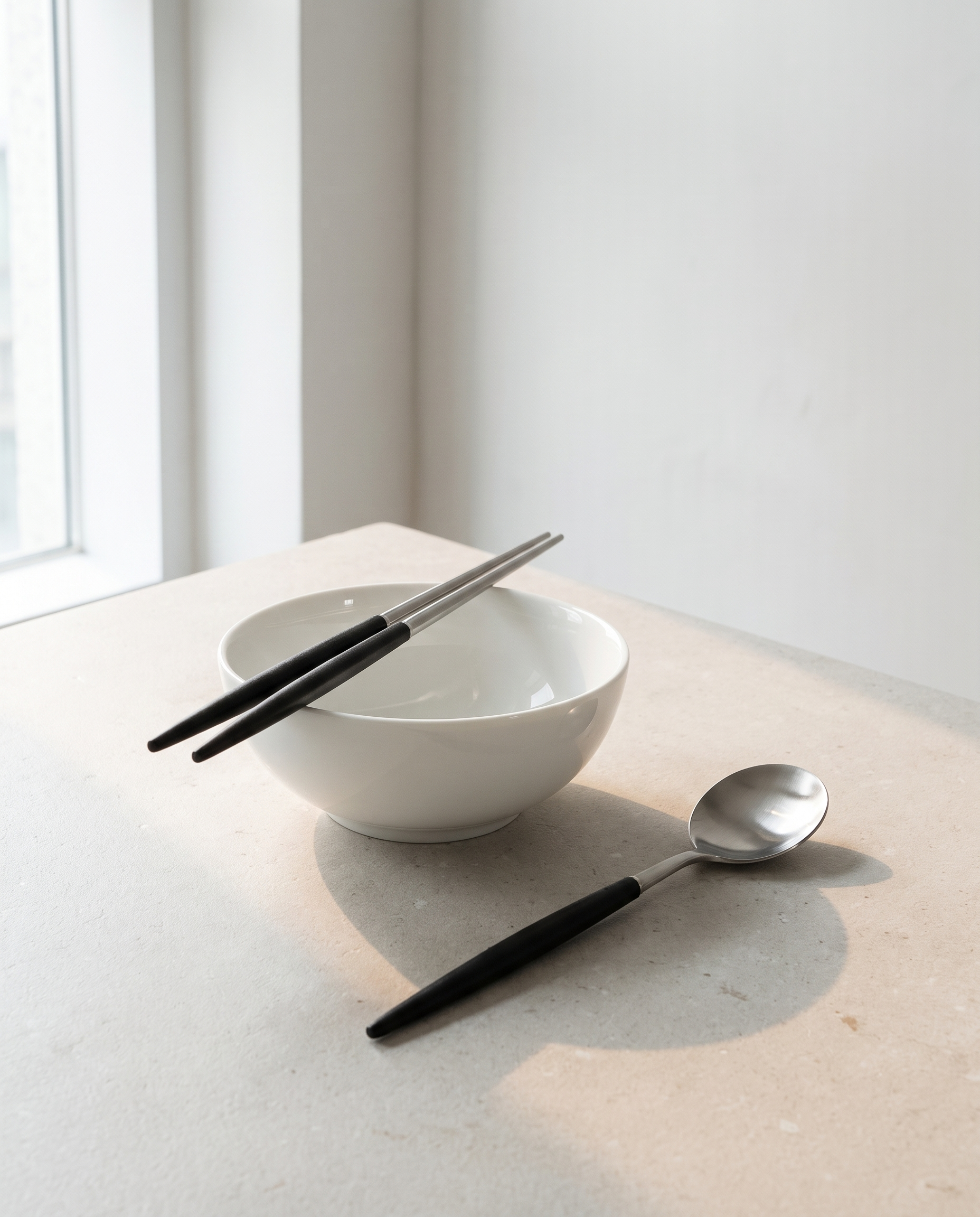 Arc dinner spoon and chopsticks by NR Ceramics, chopsticks resting across the rim of a white porcelain rice bowl