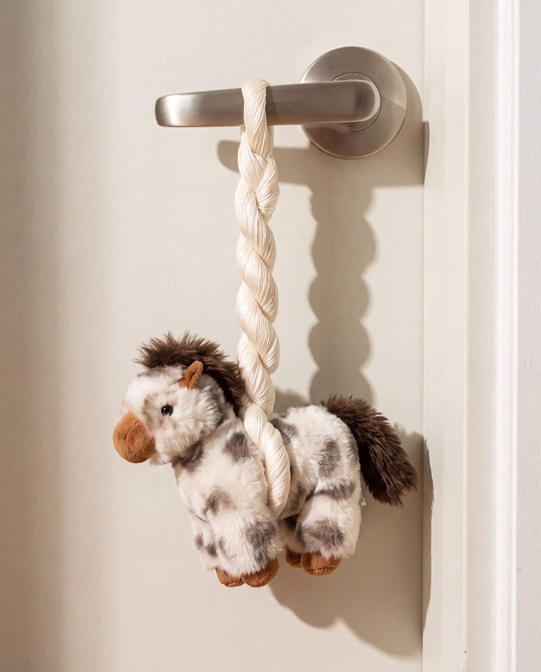 Big Hope pony charm by POUPPET, hanging from an entry door handle by its silk cord