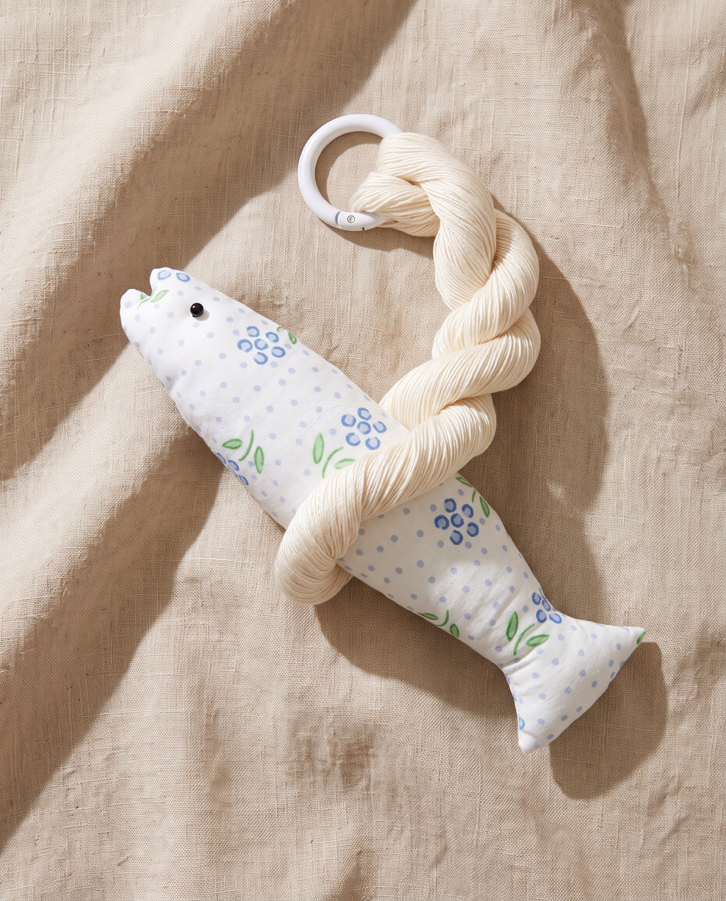 Blair good luck pollack ornament by lemonbaseball livingclub, printed cotton fish and twisted silk hank on beige linen