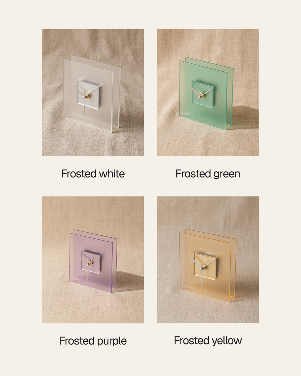 Block clock by APTONE, the four colourways labelled: frosted white, frosted green, frosted purple and frosted yellow