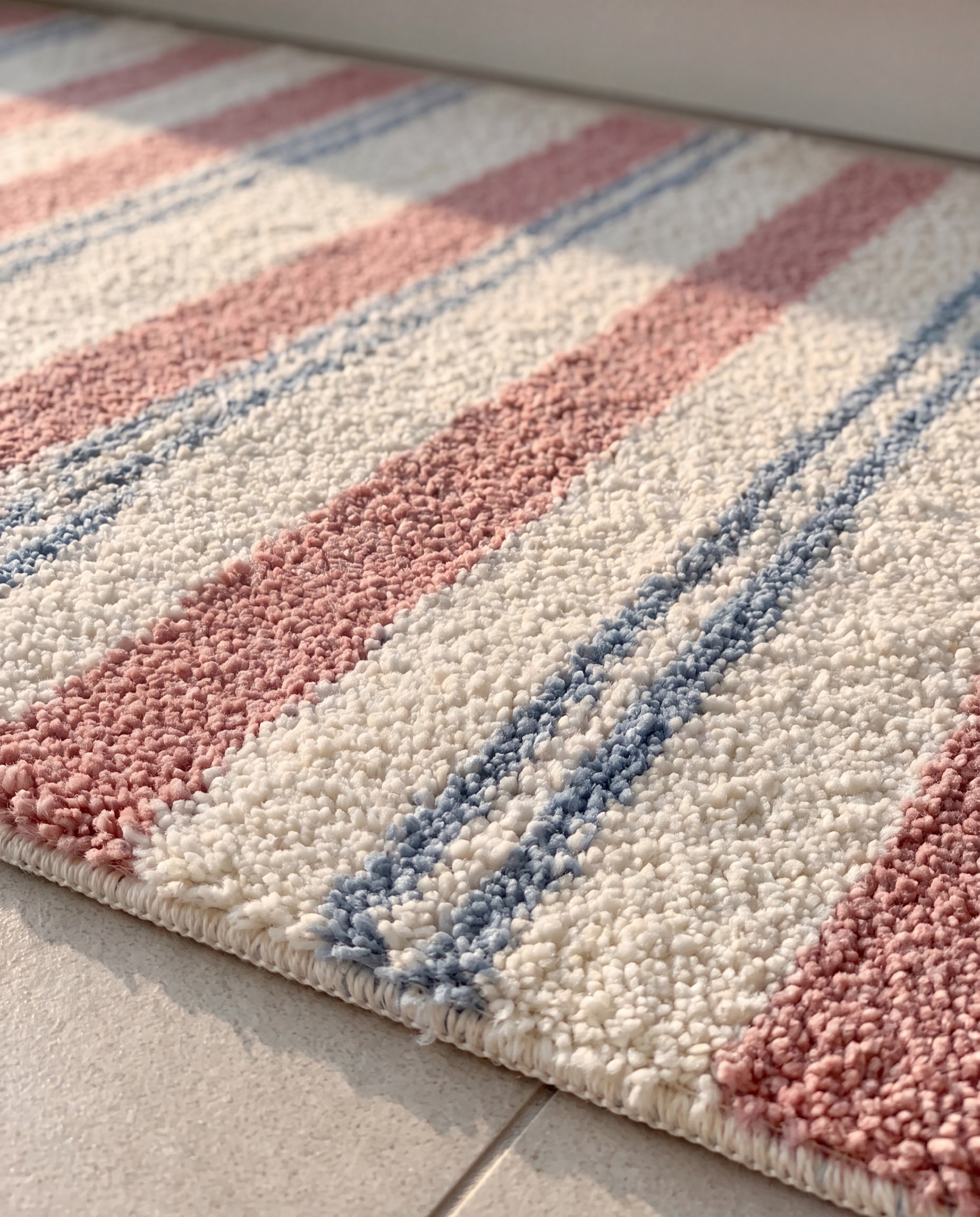 Bold stripe mat by 1401HOME, material detail of the 15mm cut pile and bound edge