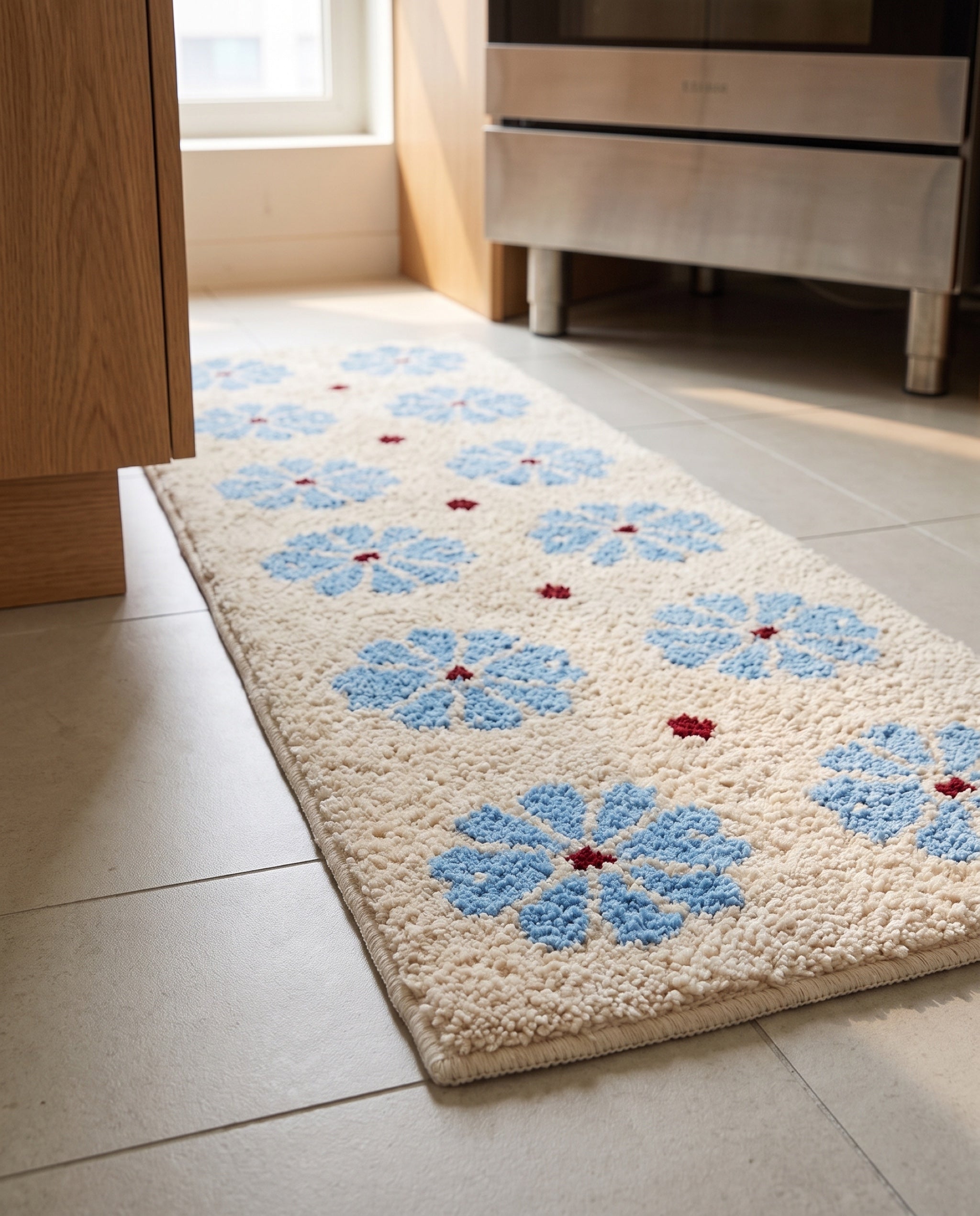 Camellia floor mat in ivory by Nomia, the 50 by 140cm runner laid along a kitchen floor
