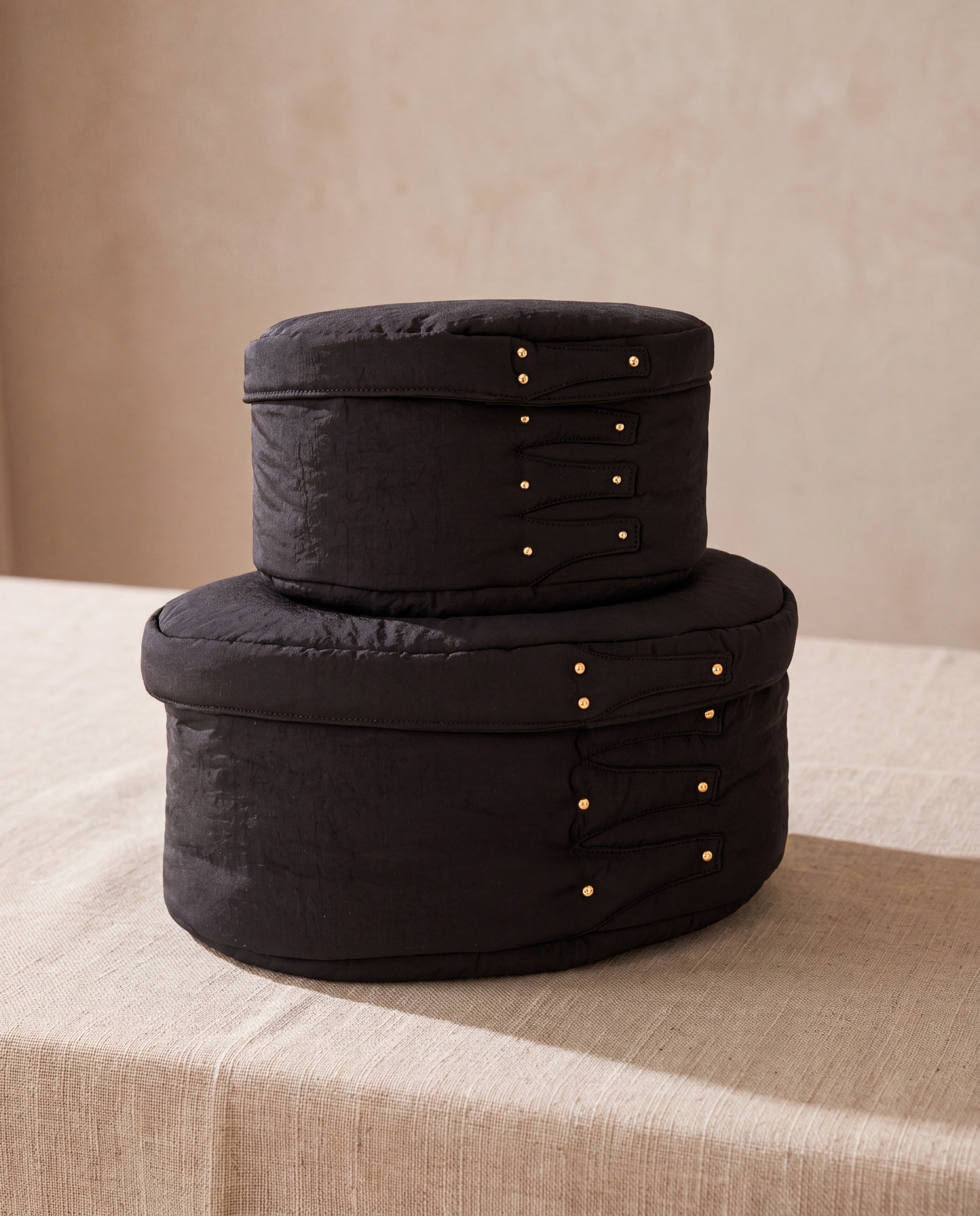 Cloud shaker box, black by life&COLLECT — two sizes stacked on beige linen
