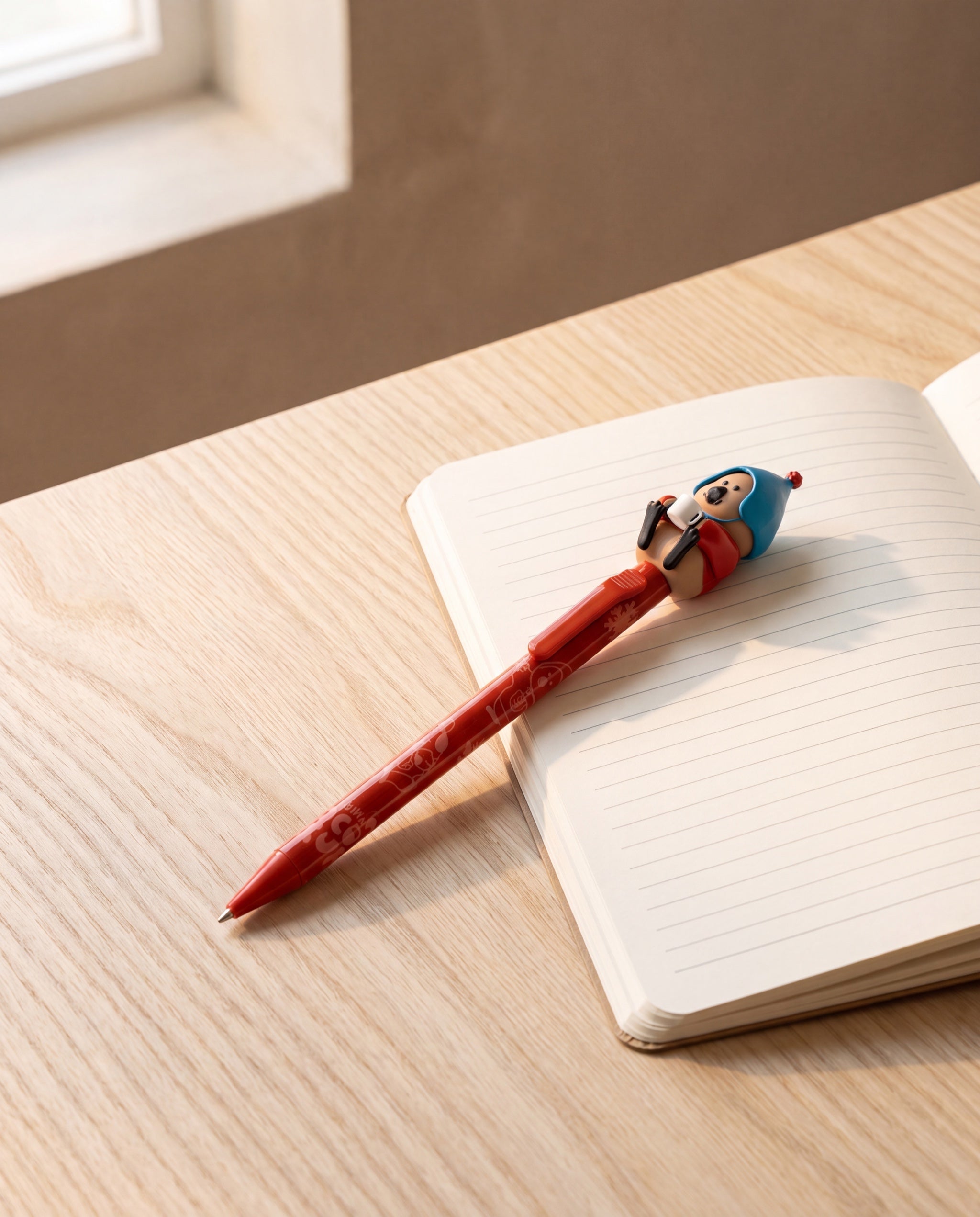 Cococup clicky pen by Dinotaeng, red Quokka pen on an open notebook