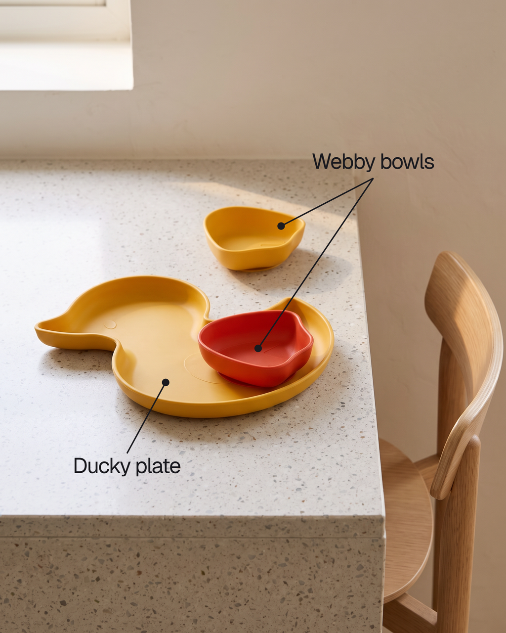 Ducky plate and Webby bowls, set of three
