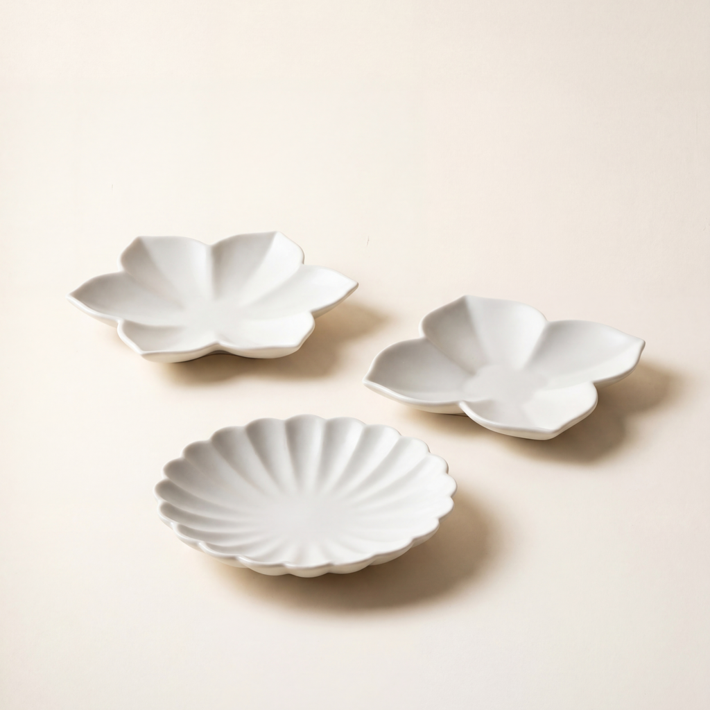 Flower plate set by Mujagi, hand-formed Korean baekja porcelain in three petal forms on a hanji-cream backdrop