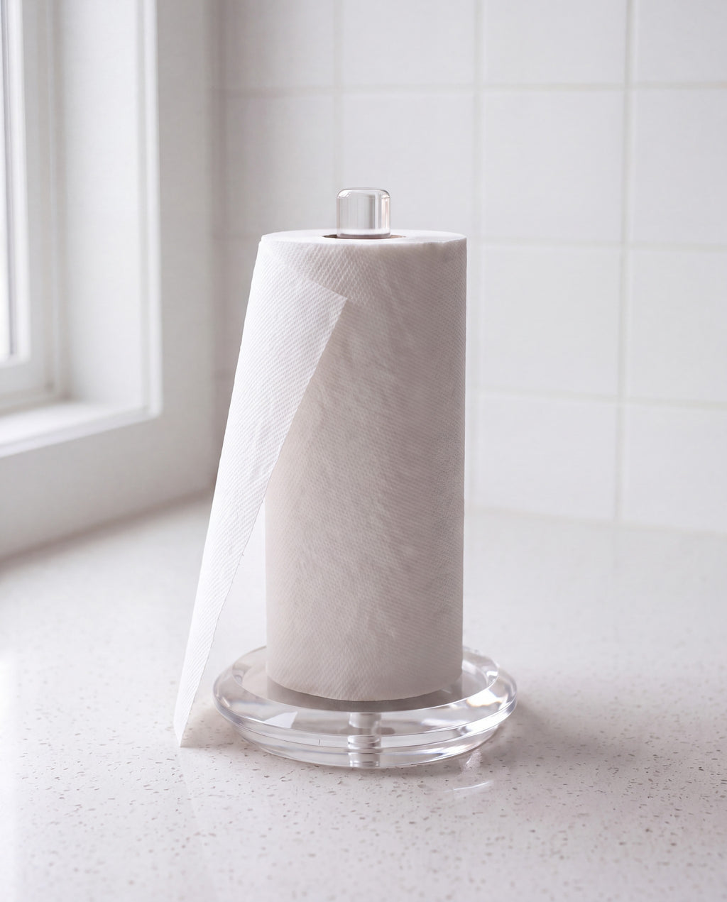 Klir paper towel holder by APTONE, loaded with a kitchen roll on a counter