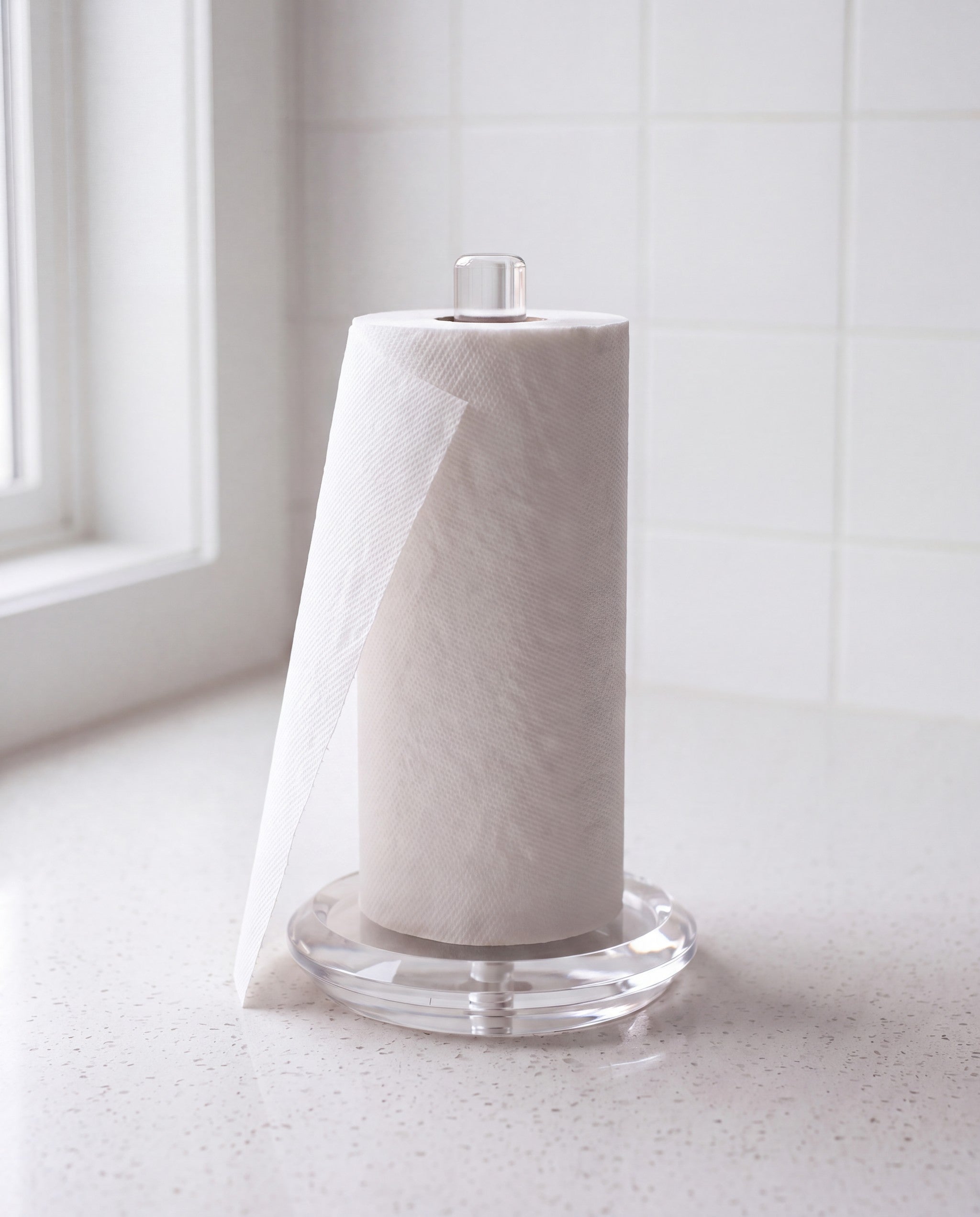 Klir paper towel holder by APTONE, loaded with a kitchen roll on a counter