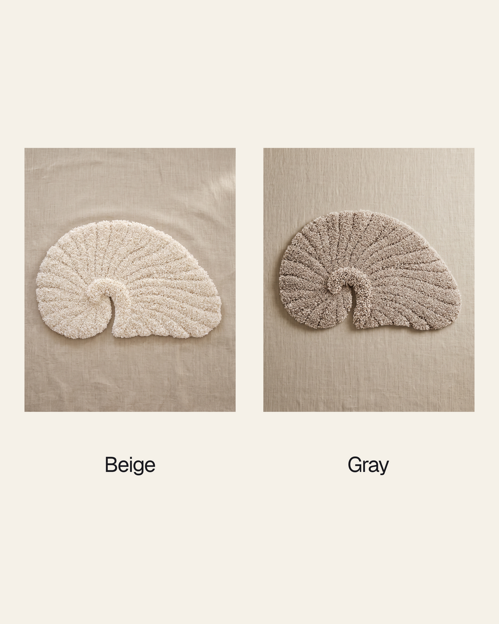 Poh object rug by Lug Lug, both colorways side by side, beige on the left and gray on the right