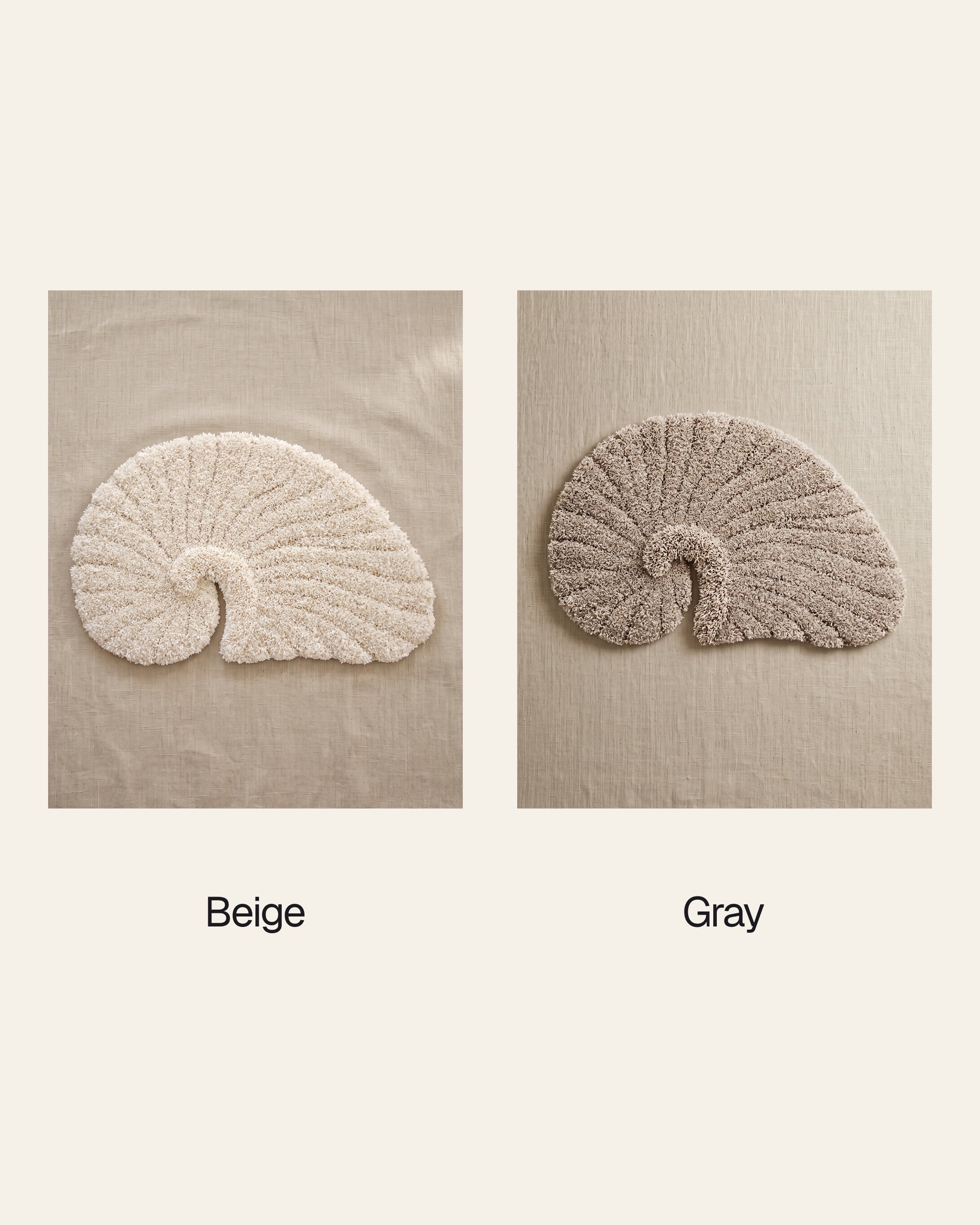 Poh object rug by Lug Lug, both colorways side by side, beige on the left and gray on the right