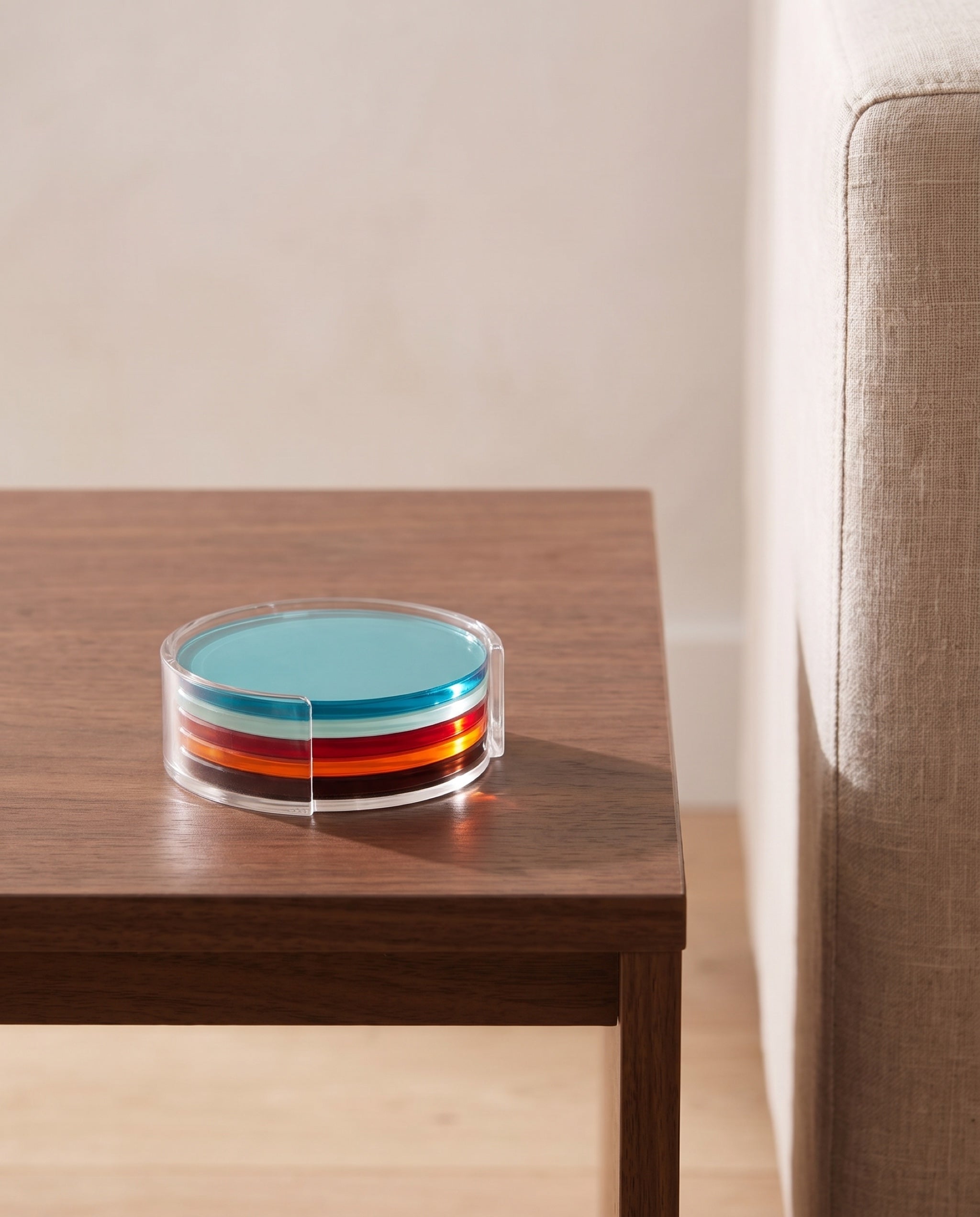 Rainbow coaster by APTONE, in its holder on a walnut coffee table in a Seoul living room