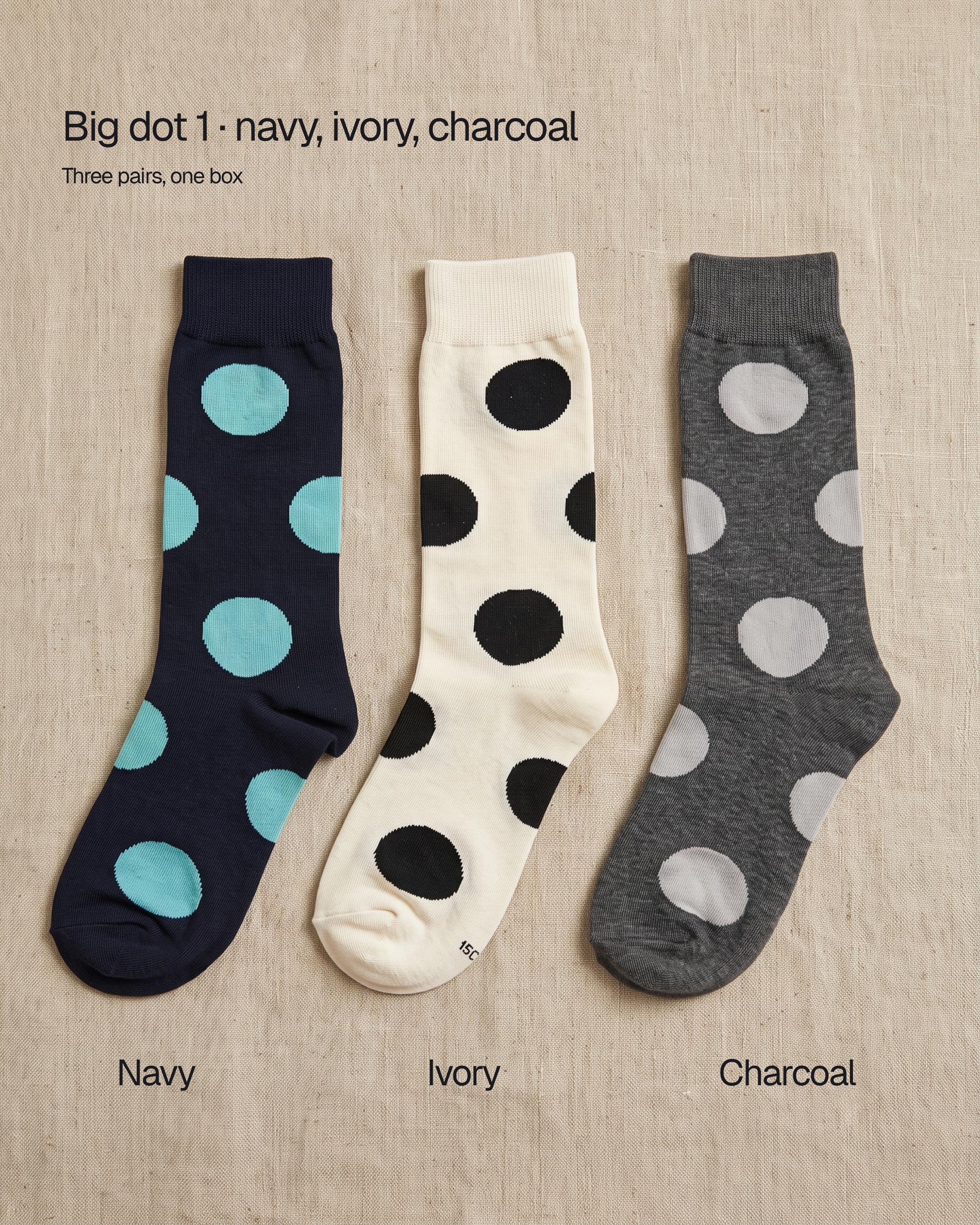 Unisex dot basic socks by 1507, big dot 1: the navy, ivory and charcoal pairs that come in one box