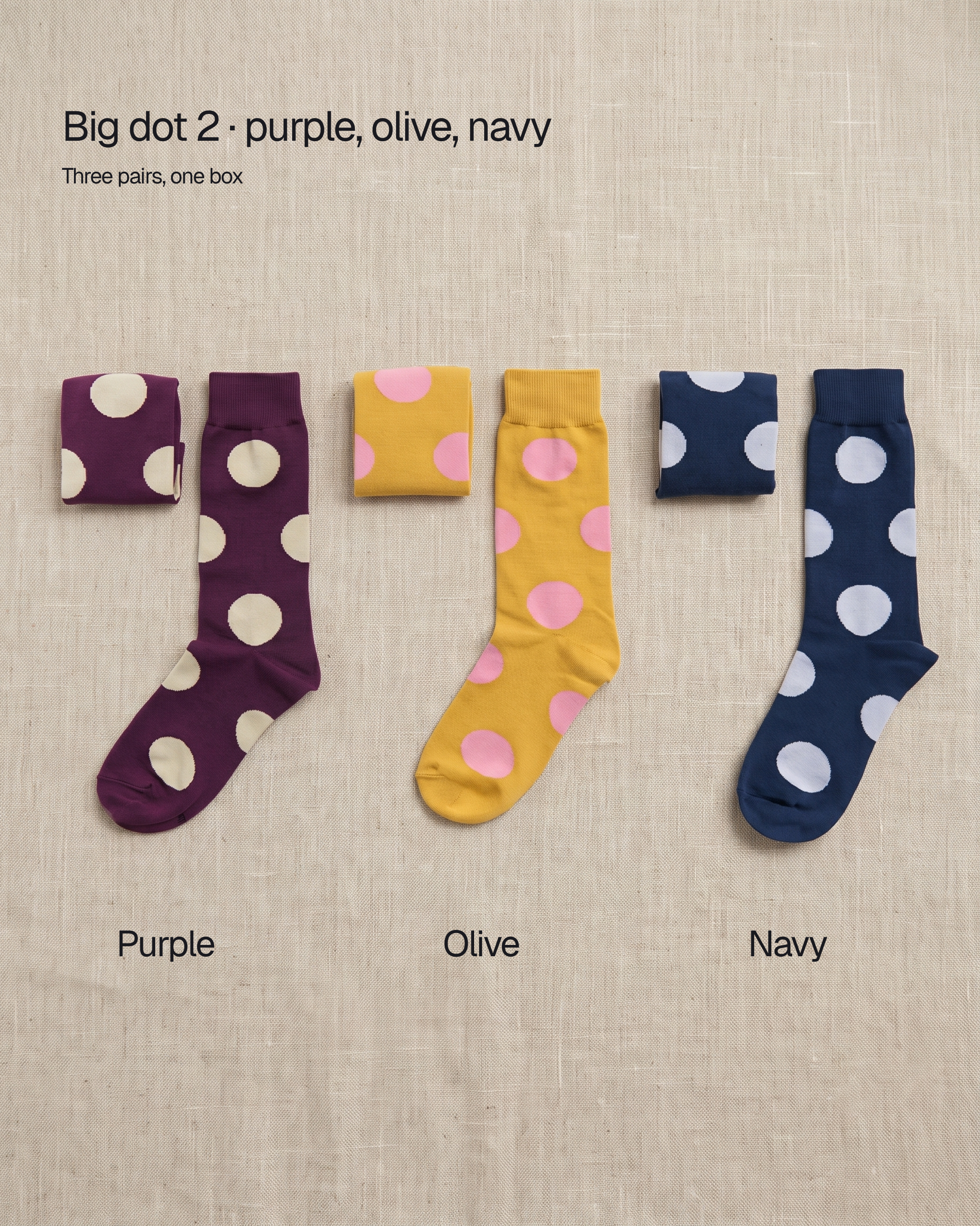 Unisex dot basic socks by 1507, big dot 2: the purple, olive and navy pairs that come in one box