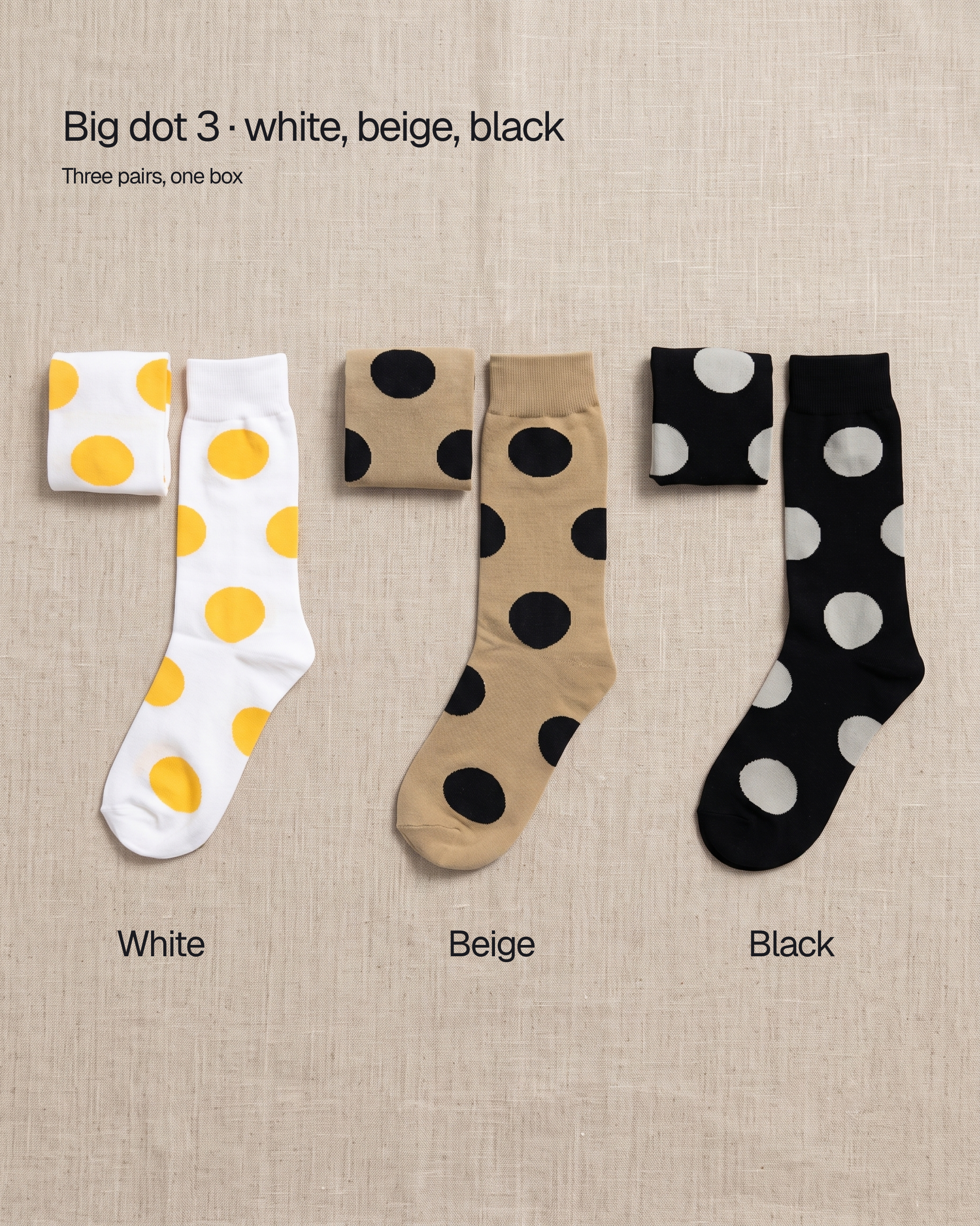 Unisex dot basic socks by 1507, big dot 3: the white, beige and black pairs that come in one box