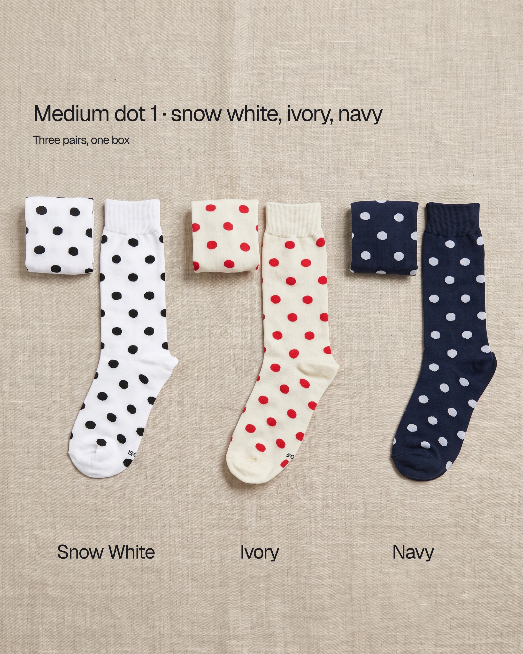 Unisex dot basic socks by 1507, medium dot 1: the snow white, ivory and navy pairs that come in one box