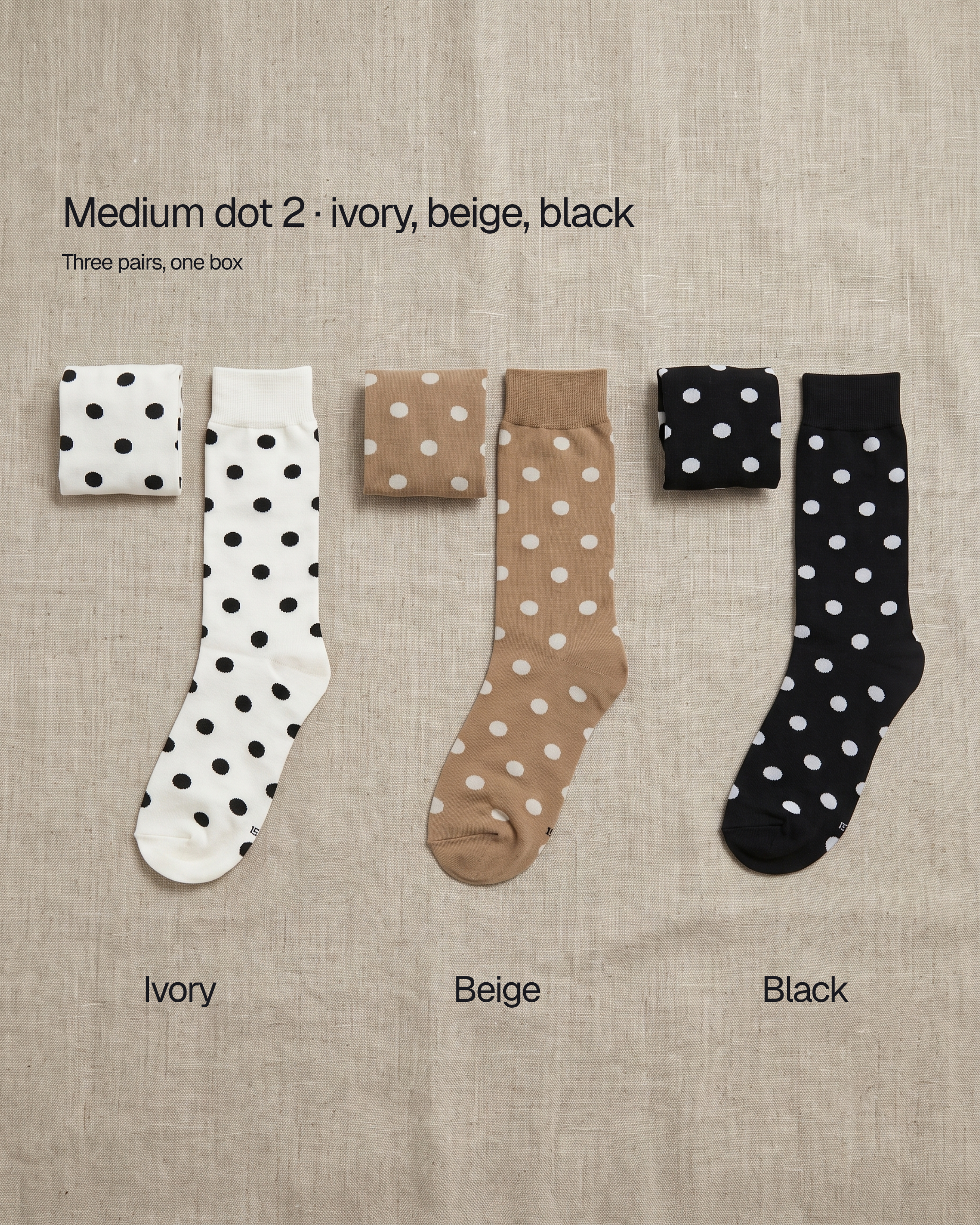 Unisex dot basic socks by 1507, medium dot 2: the ivory, beige and black pairs that come in one box