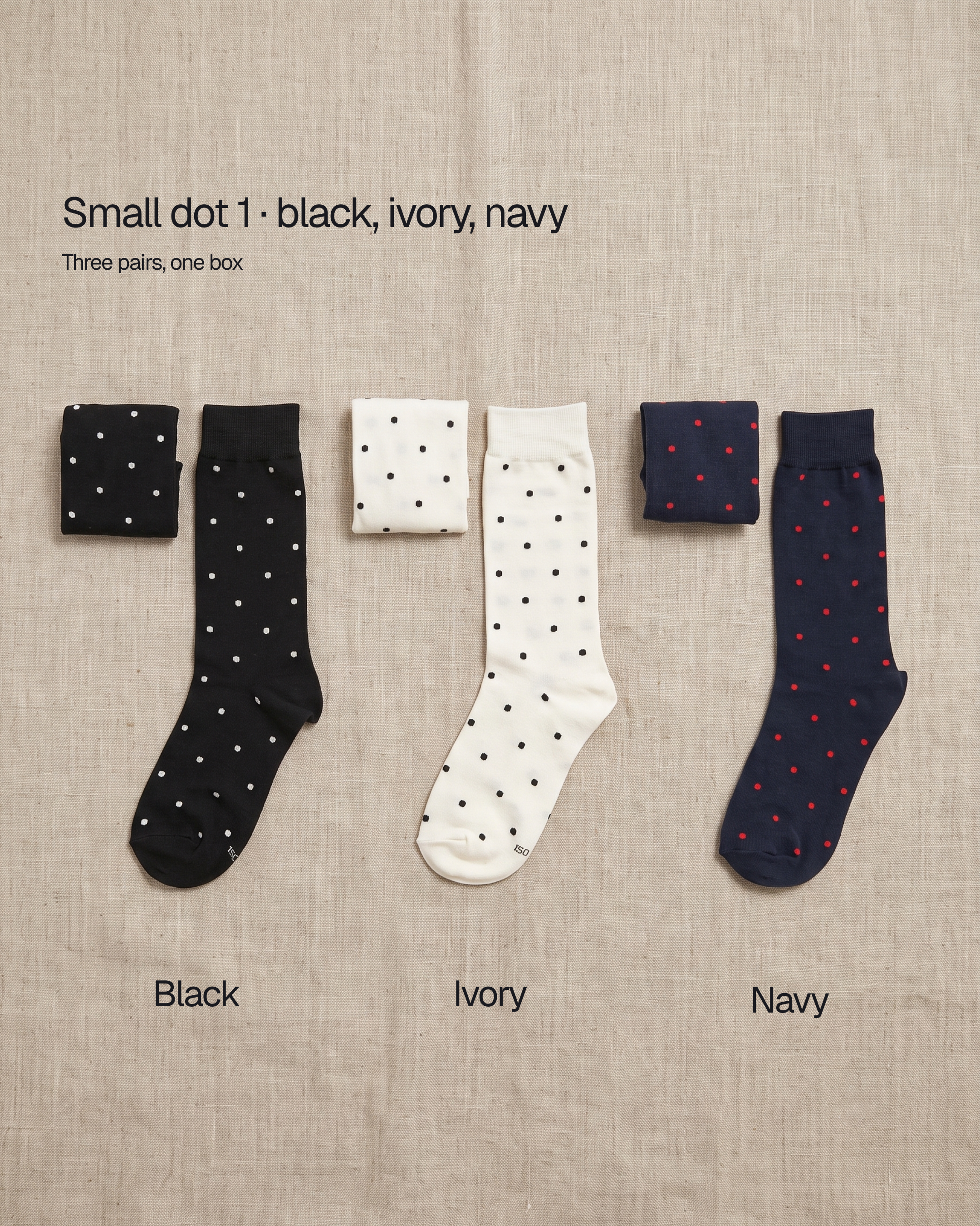 Unisex dot basic socks by 1507, small dot 1: the black, ivory and navy pairs that come in one box