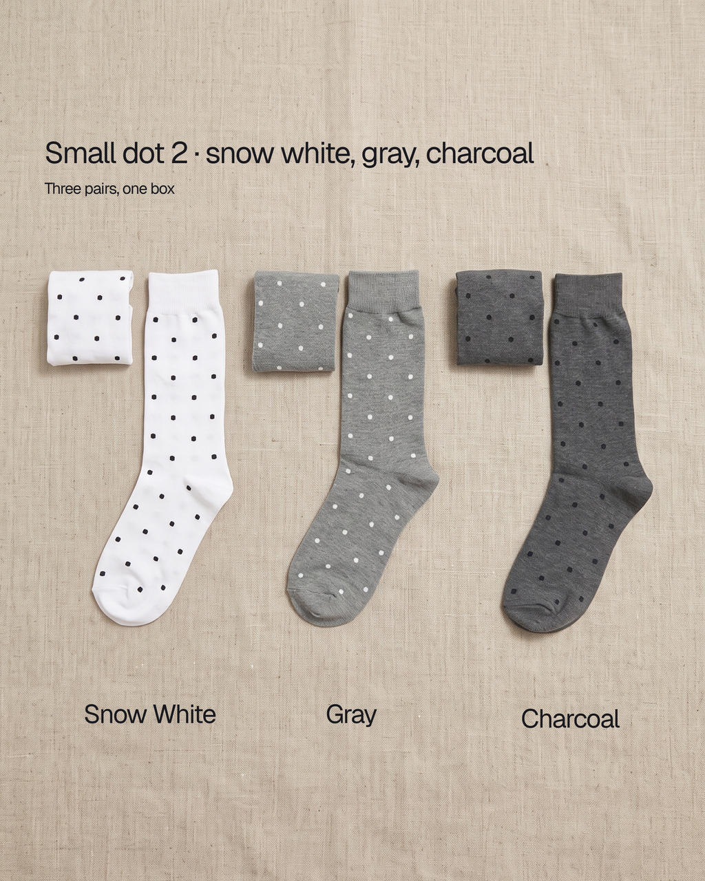 Unisex dot basic socks by 1507, small dot 2: the snow white, gray and charcoal pairs that come in one box