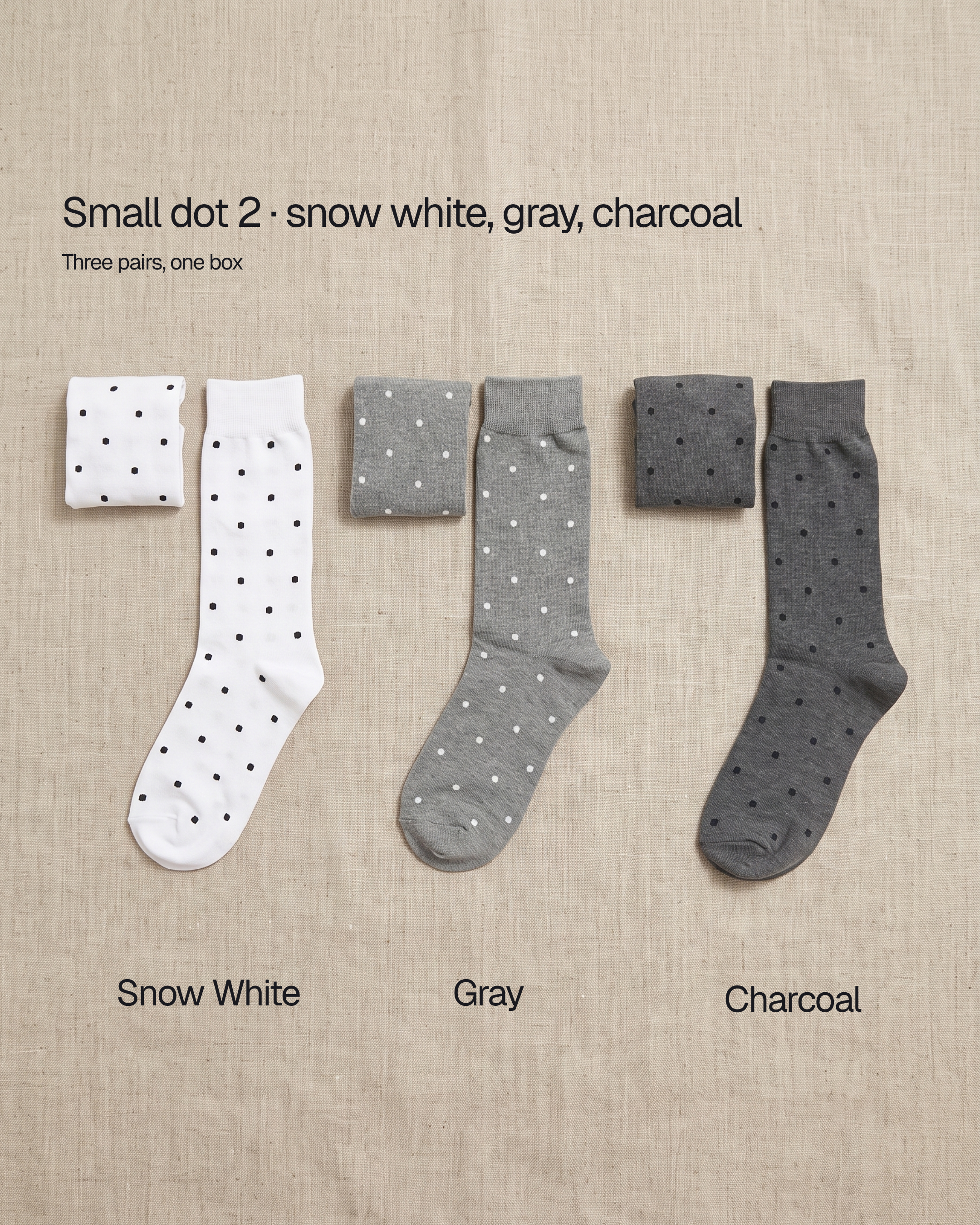 Unisex dot basic socks by 1507, small dot 2: the snow white, gray and charcoal pairs that come in one box