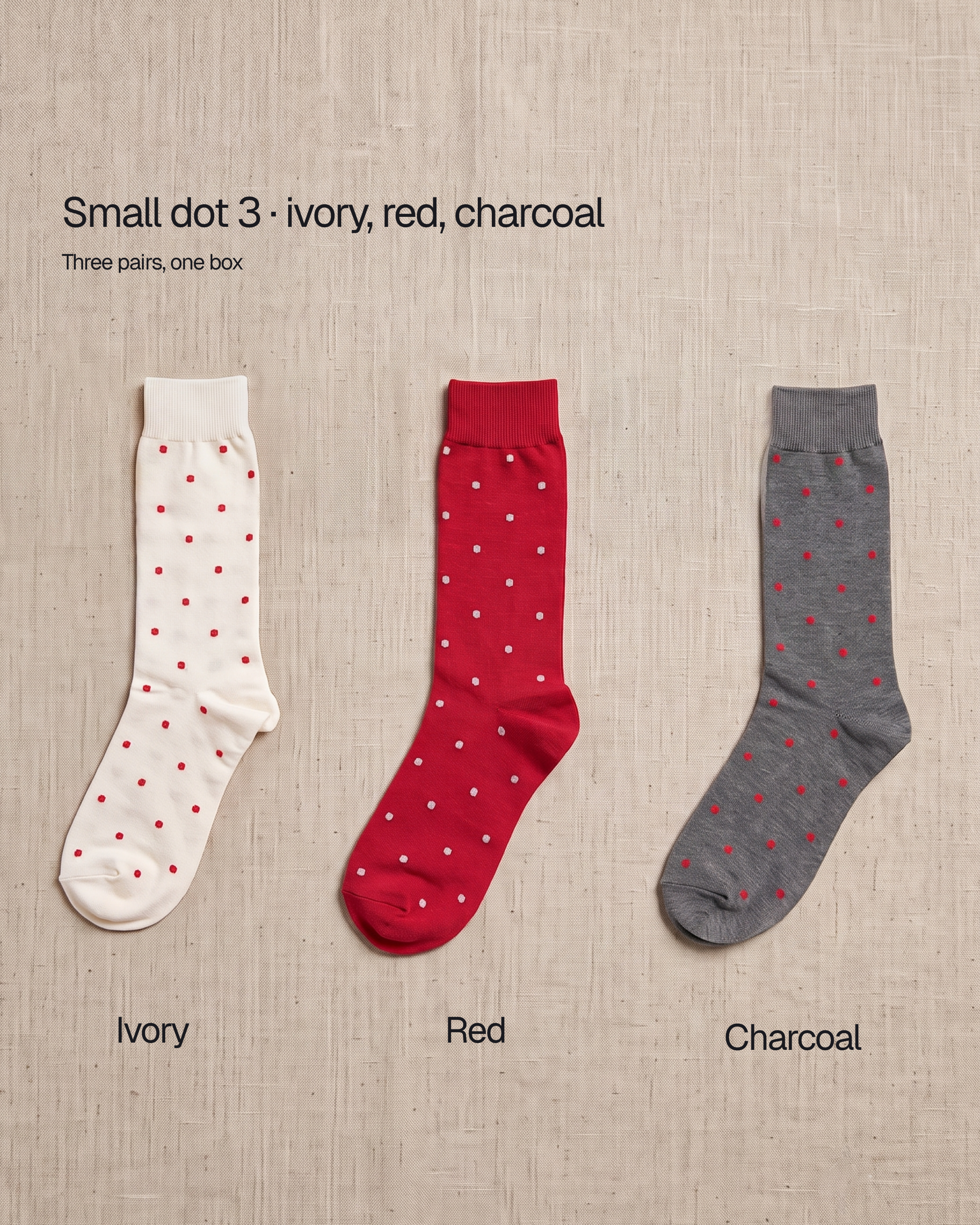 Unisex dot basic socks by 1507, small dot 3: the ivory, red and charcoal pairs that come in one box