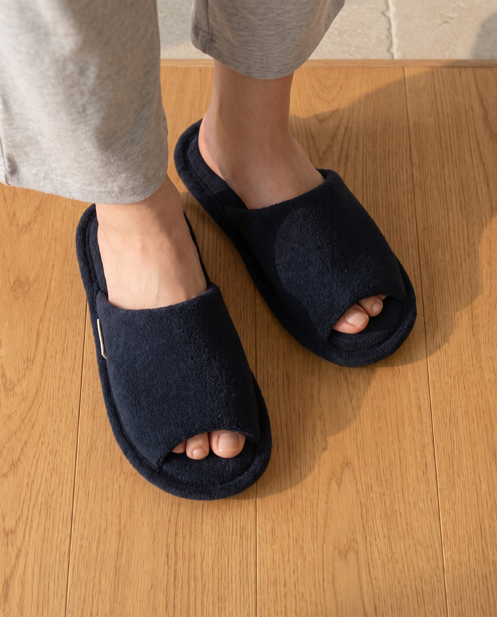 Terry slippers, open type by 1401HOME, navy pair worn